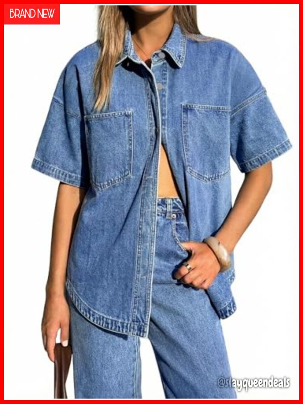 Oversized Denim Shirt Button Down Chambray Shacket Long Sleeve